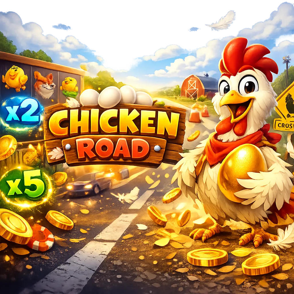 Promotional image for Chicken Road slot game with a funny chicken, road lanes, and bright gaming energy